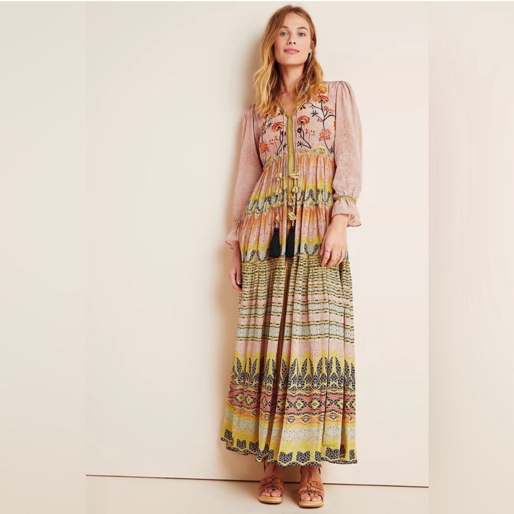 Anthropologie Dress Giorgia Embroidery Maxi Dress Bhanuni by Jyoti Size 10